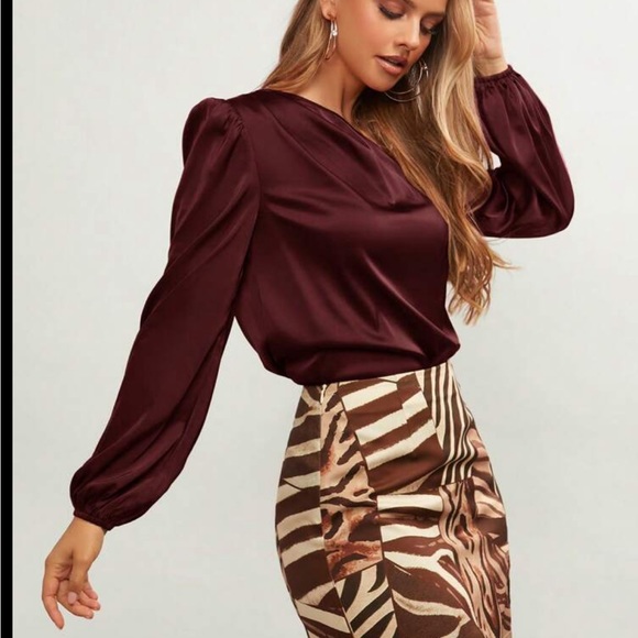 Luxe Satin Asymmetrical Neck Off One Shoulder Long Sleeve Satin Top Blouse - Picture 13 of 16